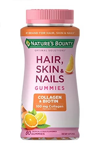 Nature’s Bounty Optimal Solutions Hair, Skin & Nails with Biotin and Collagen, Citrus-Flavored Gummies Vitamin Supplement, 2500 mcg, 80 Ct