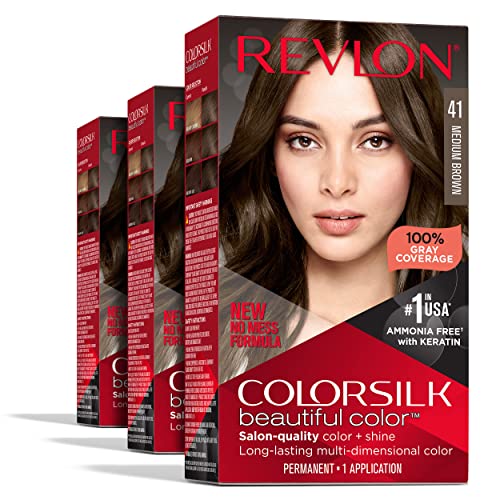 Revlon Permanent Hair Color, Permanent Hair Dye, Colorsilk with 100% Gray Coverage, Ammonia-Free, Keratin and Amino Acids, 041 Medium Brown, (Pack of 3)