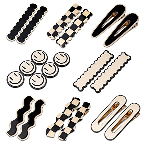 16 PCS Magicsky Simple No Bend Hair Clips, Black White Checker Hair Barrettes, No Crease Wave Geometric Duckbill bobby pins, Korean Styling Minimalist Hairpin, Hair Accessories, Gifts for Women Girls