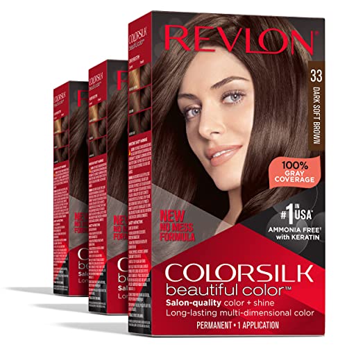 Revlon Permanent Hair Color, Permanent Brown Hair Dye, Colorsilk with 100% Gray Coverage, Ammonia-Free, Keratin and Amino Acids, Brown Shades (Pack of 3)