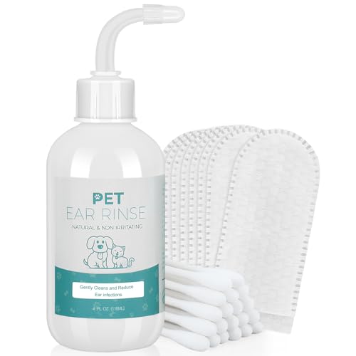 Dog Ear Cleaner, Dog Ear Rinse Gently & Efficiently-Dog Ear Cleaning Solution-Dog Ear Infection Treatment-Cat & Dog Ear Wash-Removes Earwax, Odor-with 20 Cotton Swabs & 20 Finger Covers, 4 oz