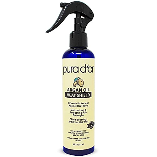 PURA D’OR Argan Oil Heat Shield Protectant Spray (8oz) Water Based Formula w/Organic Ingredients, Protects Up To 450º F From Flat Iron & Hot Blow Dry, Leave-In, Define & Shine Dry & Damaged Hair