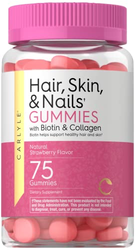 Carlyle Hair Skin and Nails Vitamins | 75 Gummies | with Biotin and Collagen | Gummy Supplement for Women | Strawberry Flavor | Non-GMO, Gluten Free