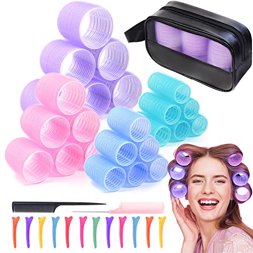 38Pcs Hair Rollers Set, Rollers hair curlers, Heatless hair curlers,Self grip hair rollers for Long Hair Bangs,24 hair curlers in 4 Sizes with 12 Clips, 2 Combs, 1 Storage Bag (A)