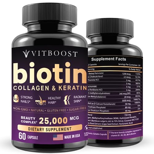 VITBOOST Biotin with Hyaluronic Acid, Collagen and Keratin – 25000 mcg Hair Growth Vitamins for Men and Women – Nails and Skin, USA Made, B1, B2, B3, B6, B7 Complex – 60 Capsules