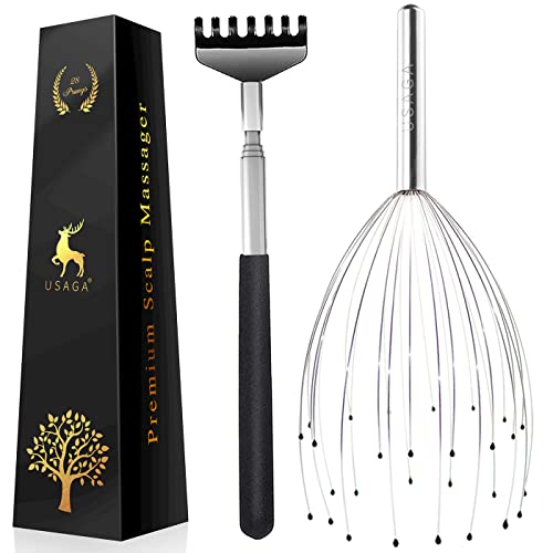 USAGA 28 Fingers (3rd Generation) Head Massager, Scalp Massager, Head Scratcher, Extendable Back Scratcher for Stress Relief, Hair Stimulation and Body Relaxing