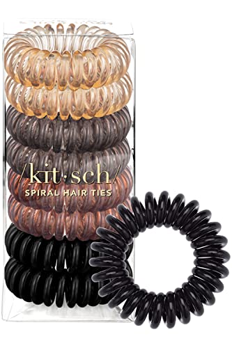 Kitsch Spiral Hair Ties for Women – Waterproof Ponytail Holders for Teens, Stylish Phone Cord Hair Ties & Hair Coils for Girls, Holiday Gift, Coil Hair Ties for Thick Hair & Thin Hair, 8pcs (Brunette)