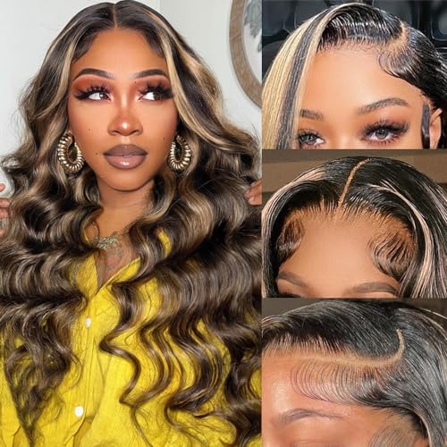 Yeonmi Highlight Lace Front Wig Human Hair Pre Plucked 13×4 1B/27 Body Wave Ombre Lace Front Wigs 180% Density HD Lace Balayage Wig Human Hair 24 Inch