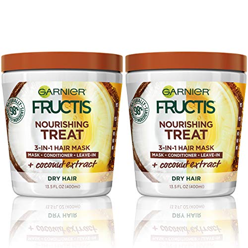 Garnier Fructis Nourishing Treat 3-in-1 Hair Mask (Mask + Conditioner + Leave-In) with Coconut for Dry Hair, 13.5 Fl Oz, 2 Count (Packaging May Vary)