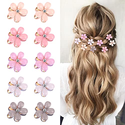 Paderison 10Pcs Small Hair Claw Clips for Girls Mini Flower Hair Clips with Crystal Cute Metal Hair Pin Sparkling Barrettes for Sweet Bangs Nonslip Side Clip Hair Accessories for Women