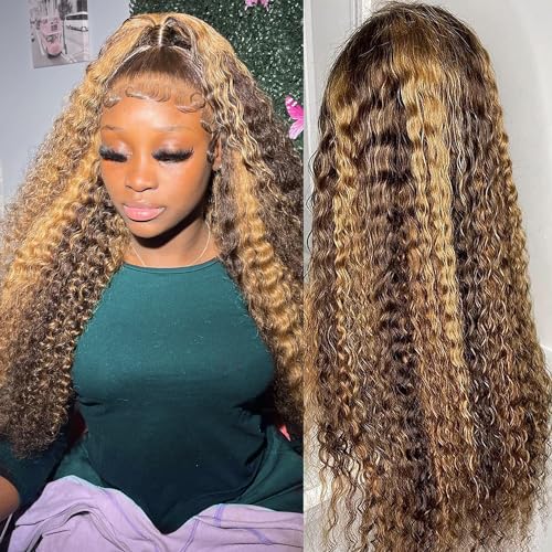 PIBERLO 28 Inch Highlight Ombre Deep Wave Honey Blonde Lace Front Wigs Human Hair Pre Plucked 13X4 Transparent HD Lace Front Wigs Human Hair for Women 180% Density Curly Lace Front Wig Human Hair