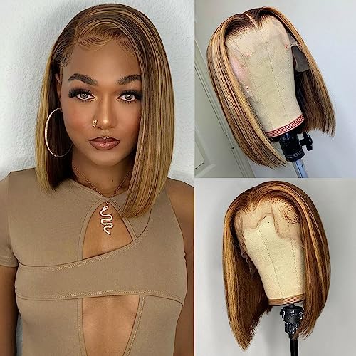 SKYDO Highlight Bob Wig Human Hair 4/27 Ombre Lace Front Wigs Human Hair Bob Wig 13×4 Frontal Lace Wig 150% Density Ombre Honey Blonde Wig Human Hair Pre Plucked Hairline With Baby Hair 12inch