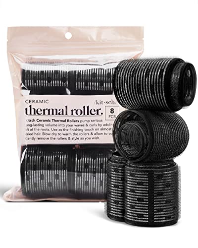 Kitsch Ceramic Thermal Hair Rollers for Short Hair – Velcro Rollers | Rollers Hair Curlers for Long Hair | Velcro Hair Roller for Medium Hair | Self-Grip Hair Rollers | Velcro Curlers – 8pcs Black