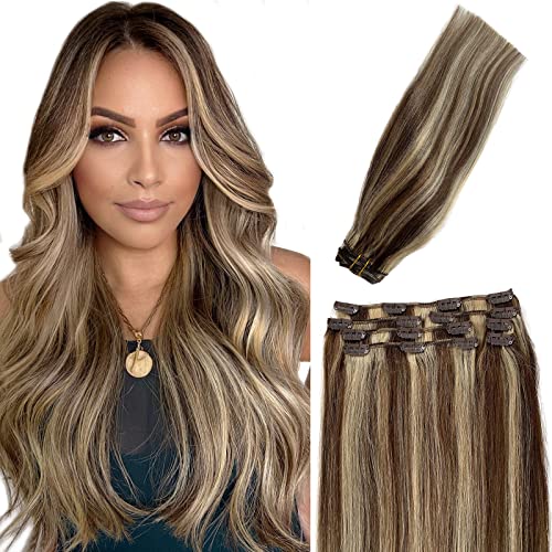 Clip in Hair Extensions Real Human Hair, 15 Inch 7PC Human Hair Extension Brown and Blonde Highlights Double Weft Clip in Extensions Soft Remy Hair Brown Mix Blonde Clip ins for Women/Girls