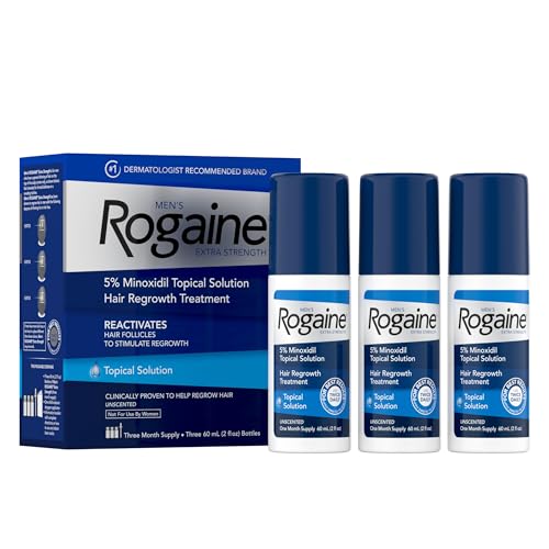 Rogaine Men’s Extra Strength 5% Minoxidil Topical Solution for Thin Hair, Hair Loss Treatment to Regrow Fuller, Thicker Hair, 3-Month Supply, 3 x 2 fl. oz