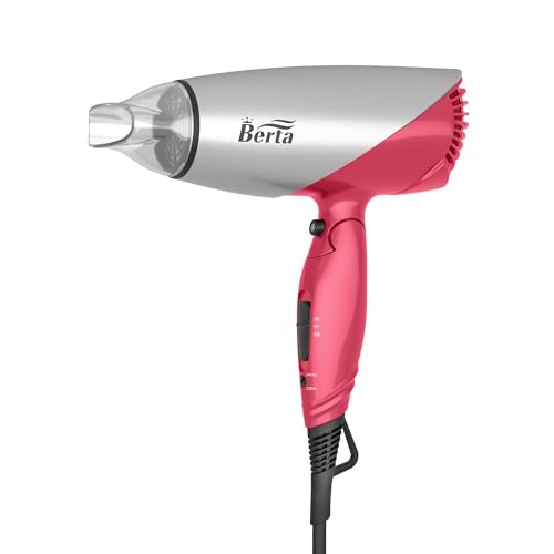 BERTA 1875Watts Folding Handle Hair Dryer Ceramic Negative Ionic Blow Dryer with Nozzle Compact for Children & Traveling