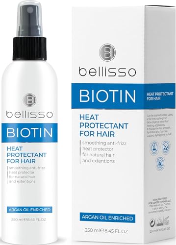 Biotin Heat Protectant Spray for Hair with Moroccan Argan Oil – Leave in Deep Conditioner for Dry Damaged Hair – Thermal Protection Styling and Treatment Products for Women – Salon Grade Products