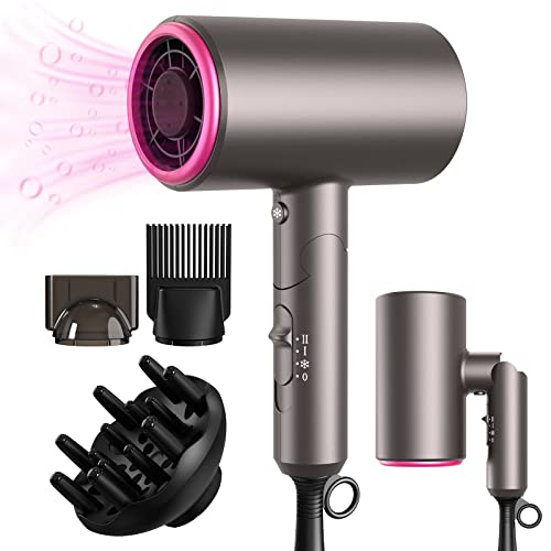 Ionic Hair Dryer – LARMHOI 1800W Professional Negative Ions Hair Blow Dryer with 3 Heating/2 Speed/Cold Settings, 2 Nozzles and 1 Diffuser, Foldable Blow Dryer for Home, Travel, Salon Use