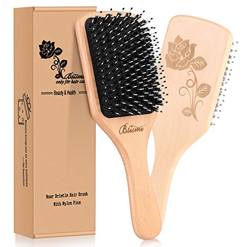 Bsisme Hair Brush-Boar Bristle Hairbrush with Detangling Pins Wooden Paddle Detangler Hairbrush for Women Men Reduce Frizz Dry Restore Natural Shine