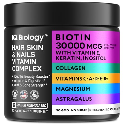 IQ BIOLOGY Biotin Collagen Keratin Astragalus Magnesium Ashwagandha Vitamin D3 Vitamin C Vitamin E Vitamin B12 Probiotic Zinc Quercetin Turmeric Resveratrol Iodine Pumpkin Seed Oil – 60 Caps