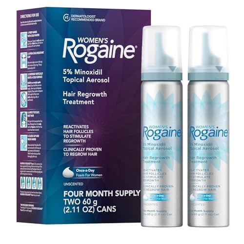 Rogaine Women’s 5% Minoxidil Foam, Topical Once-A-Day Hair Loss Treatment for Women to Regrow Fuller, Thicker Hair, Unscented, 4-Month Supply, 2 x 2.11 oz