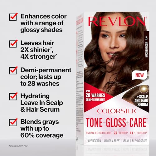 Revlon ColorSilk Tone + Gloss + Care Demi Permanent Hair Color, Hair Dye with Leave in Scalp and Hair Serum, 2x Shinier, 4x Stronger, 6G Light Golden Brown, 4.5 fl. oz