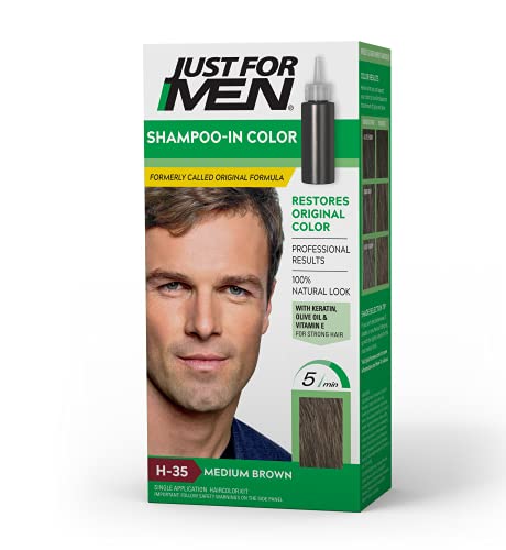 Just For Men Shampoo-In Color (Formerly Original Formula), Mens Hair Color with Keratin and Vitamin E for Stronger Hair – Medium Brown, H-35, Pack of 1