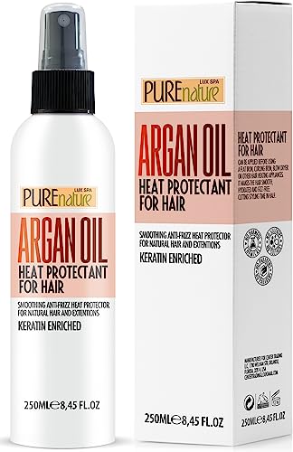 Moroccan Argan Oil Heat Protectant Spray for Hair – Leave In Thermal Guard against Flat Iron, Straightener and Blow Dry Damage – Hydrating Anti Frizz Control for Straight, Black and Curly Locks