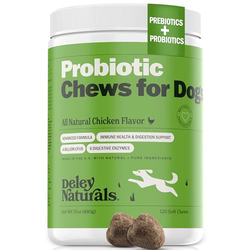 Deley Naturals Probiotics for Dogs – 120 Grain Free Chicken Soft Chews – 4 Billion CFU’s, Digestive Enzymes, Prebiotics – Dog Allergies, Diarrhea, Bad Dog Breath, Constipation, Gas, Yeast- Made in USA