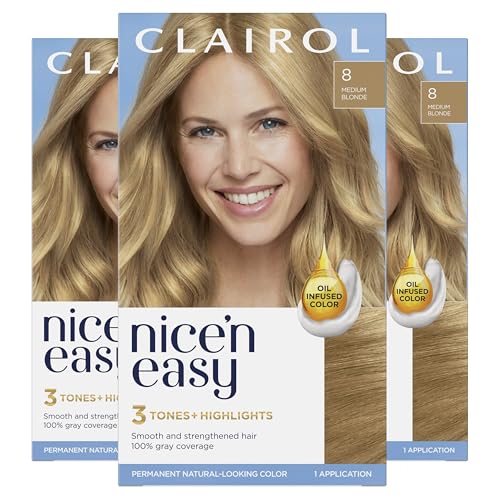 Clairol Nice’n Easy Permanent Hair Dye, 8 Medium Blonde Hair Color, Pack of 3